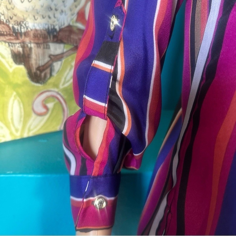 Anne Klein Blouse Retro Multicolor Striped Button Down Long Sleeve Workwear - Picture 6 of 10